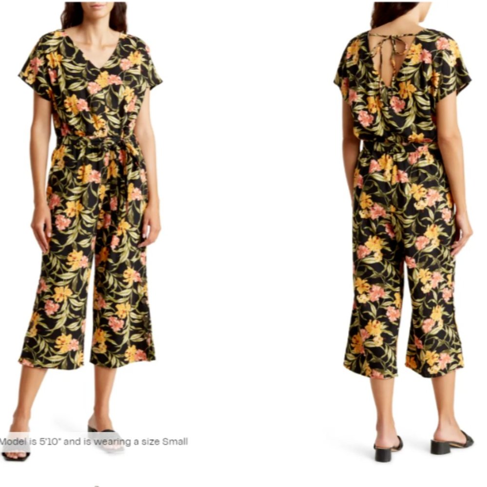 NWT Kensie Linen Blend Floral Print Tie Back V-Neck Crop Jumpsuit Size Medium M